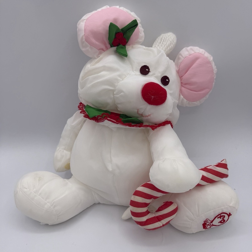 Fisher Price 80s Puffalump Christmas White Mouse w Candy Cane Plush Stuffed Toy